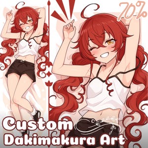 May include: A custom Dakimakura art design showing a smiling anime character with long red hair, wearing a white top and black shorts. The image includes the text "Custom Dakimakura Art" and a "70%" sale tag.