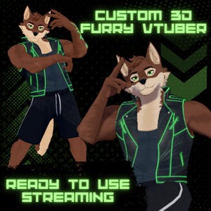 May include: A 3D digital character model of a brown wolf-like creature with green eyes, wearing a black vest with neon green trim over a dark shirt and black shorts. The text CUSTOM 3D FURRY VTUBER and READY TO USE STREAMING appears in green.
