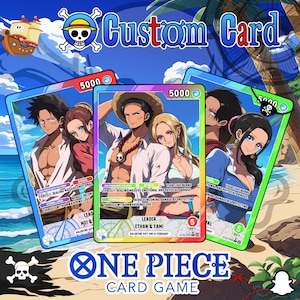 Könnte beinhalten: Benutzerdefinierte Karten mit Anime-Charakteren. Die Karten haben blaue, rote und grüne Ränder mit dem Text "5000". Die Karten zeigen Paare mit Text wie "Angriff" und "Eingehenden Schaden reduzieren".