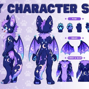 May include: A digital character reference sheet titled FURRY CHARACTER SHEET featuring a dark blue and purple anthropomorphic creature with wings, star and moon patterns, multiple poses, paw details, wing views, and five distinct facial expressions.