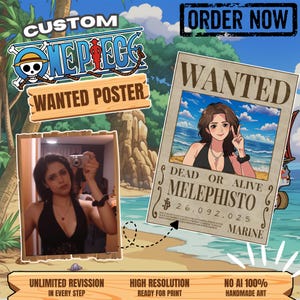 Poster di ricercato personalizzato di One Piece, illustrazione personalizzata di un pirata anime con taglia.