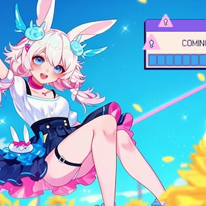 May include: An anime-style character with pink hair and rabbit ears, wearing a white top and dark blue skirt with pink accents. A digital window in the top right corner displays the text COMING SOON with a blue progress bar. Sunflowers are visible.