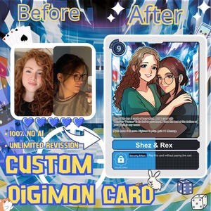 Individuell gestaltete, von Digimon inspirierte Erinnerungskarte für Paare: Hochzeits- und Jahrestagsfoto als Holokarte, digital und druckfertig