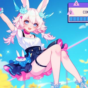 May include: Anime-style illustration of a character with pink hair and bunny ears, wearing a white top, black skirt, and blue and pink accents. The background features sunflowers and a blue sky with the text "COMING SOON."