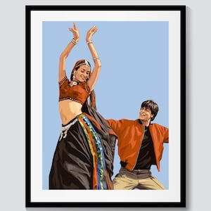 May include: A framed print featuring a vibrant illustration of two figures in traditional Indian attire. A woman in a red top and black skirt dances with arms raised, while a man in an orange jacket smiles.