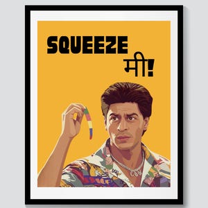 Puede incluir: Un póster enmarcado con un fondo amarillo presenta una ilustración estilizada de un hombre sosteniendo un objeto colorido. La palabra "SQUEEZE" está en letras negras en negrita sobre la cabeza del hombre, con texto en otro idioma debajo.