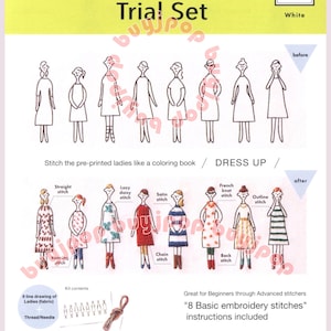 Puede incluir: Un kit de bordado Lecien 100 Ladies Trial Set que incluye un panel de tela blanca con ocho dibujos lineales preimpresos de figuras. Las instrucciones muestran cómo bordar varios patrones de vestidos usando ocho puntadas básicas.