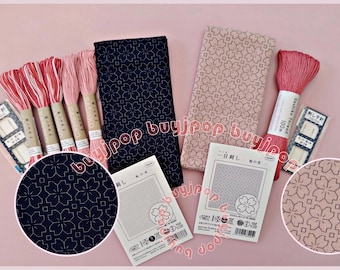 Kit de inicio SAKURA Olympus Sashiko Hana Fukin Sampler Tela con estampado de flores de cerezo Rosa H-3033, Azul marino H-2033 o Kit completo Edición en inglés