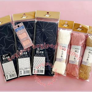 Sashiko Starter Set B1- Japan Naska Sashiko Kit 3 Pre-Printed Sashiko Pattern Navy Cloth 3 Skein x 80m Thread + 6 Needle
