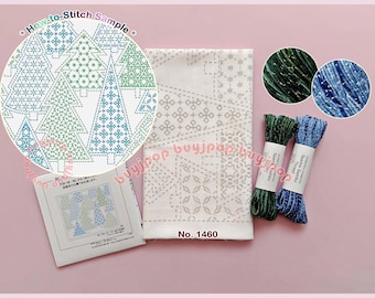 Christmas TREE Japan Hobbyra Hobbyre Sashiko Hana Fukin Pattern Sampler White Cloth 1460 or Cloth + Sparkle Variegated Threads Set