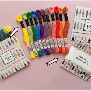 Op de afbeelding: Een verzameling kleurrijke borduurgaren en stylingboeken. Het garen is gerangschikt in een regenboog van kleuren, waarbij elke streng is gelabeld. De boeken bevatten illustraties van mensen en de tekst "Quits 1989 100".