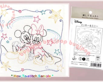 MICKEY & MINNIE Japon Disney x Olympus Sashiko Hana Fukin Sampler Pattern Tissu blanc H-1126