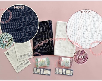WAVE Japan Olympus Embroidery Sashiko Hana Fukin Sampler Pattern Cloth TAKEWAKU White H-1121 Indigo Navy H-2121, I-To-Tomo Thread, Needle
