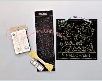 TRICK or TREAT Halloween Japan Olympus Embroidery Sashiko Hana Fukin Sampler Pattern H-9023 BLACK Cloth + Thread, Needle Set