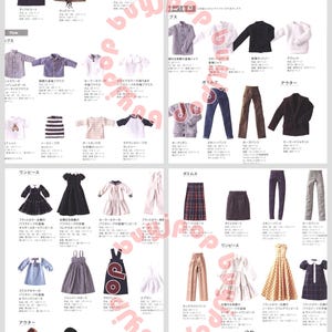 Puede incluir: Una p&aacute;gina de cat&aacute;logo con varias prendas de vestir para mu&ntilde;ecas. La selecci&oacute;n incluye abrigos, chaquetas, camisas, pantalones, faldas, vestidos y monos de diferentes estilos y colores. La p&aacute;gina est&aacute; llena de ilustraciones detalladas.