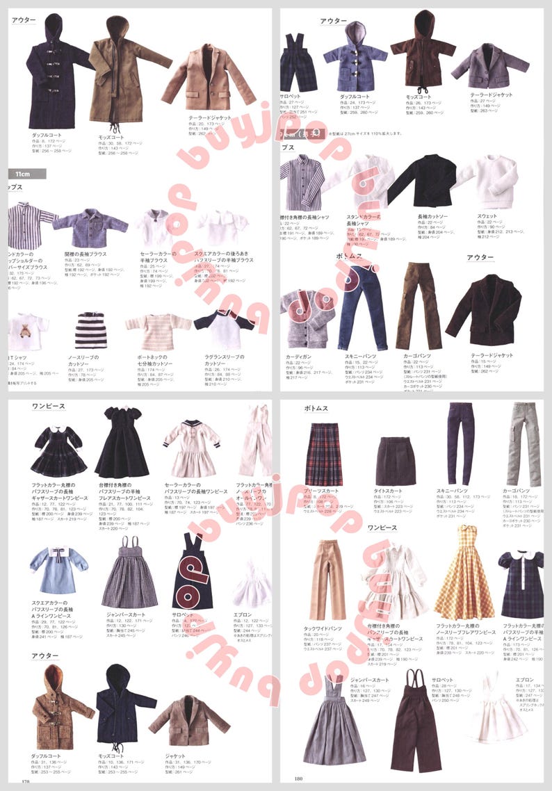 Puede incluir: Una p&aacute;gina de cat&aacute;logo con varias prendas de vestir para mu&ntilde;ecas. La selecci&oacute;n incluye abrigos, chaquetas, camisas, pantalones, faldas, vestidos y monos de diferentes estilos y colores. La p&aacute;gina est&aacute; llena de ilustraciones detalladas.