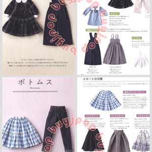 Puede incluir: Una p&aacute;gina de un libro de moda japon&eacute;s con ilustraciones de ropa. La secci&oacute;n superior muestra vestidos, incluyendo un vestido a cuadros con cuello blanco y un vestido con peto azul marino. La secci&oacute;n inferior muestra pantalones, como una falda a cuadros y vaqueros.