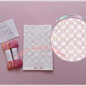 Conjunto de Amostras de Padrões Sashiko Hana Fukin LINKED CIRCLE Japan Hobbyra Hobbyre em Tecido Branco 407 ou Conjunto de Linhas para Tecido