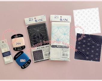 Sashiko Starter Set - Japan Daruma YUME Sashiko Hana Fukin Pattern Cloth Sampler Kit, 2 Cloth, 2 Thread + Needle