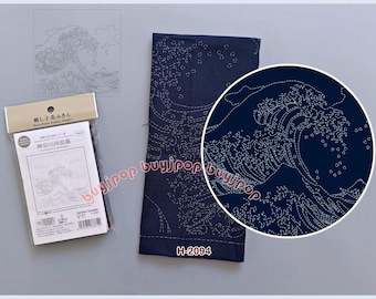 Grande vague au large de Kanagawa - Japon Olympus Broderie Sashiko Hana Fukin Sampler Indigo Navy Pattern Cloth H-2094