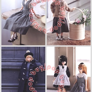 Puede incluir: Un collage de cuatro mu&ntilde;ecas con varios atuendos. Una mu&ntilde;eca lleva un vestido gris, otra un c&aacute;rdigan y una falda, una tercera un abrigo largo y una falda a cuadros, y la &uacute;ltima un vestido con un delantal blanco. Cada mu&ntilde;eca tiene peinados y accesorios &uacute;nicos.