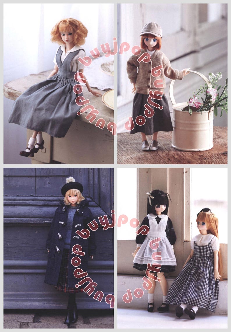 Puede incluir: Un collage de cuatro mu&ntilde;ecas con varios atuendos. Una mu&ntilde;eca lleva un vestido gris, otra un c&aacute;rdigan y una falda, una tercera un abrigo largo y una falda a cuadros, y la &uacute;ltima un vestido con un delantal blanco. Cada mu&ntilde;eca tiene peinados y accesorios &uacute;nicos.