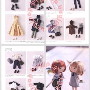 Puede incluir: Una p&aacute;gina de cat&aacute;logo con conjuntos de ropa para mu&ntilde;ecas en miniatura. Los conjuntos incluyen vestidos, chaquetas, faldas y accesorios como zapatos y sombreros. La paleta de colores incluye beige, negro, azul y blanco. Los conjuntos se muestran sobre un fondo blanco.