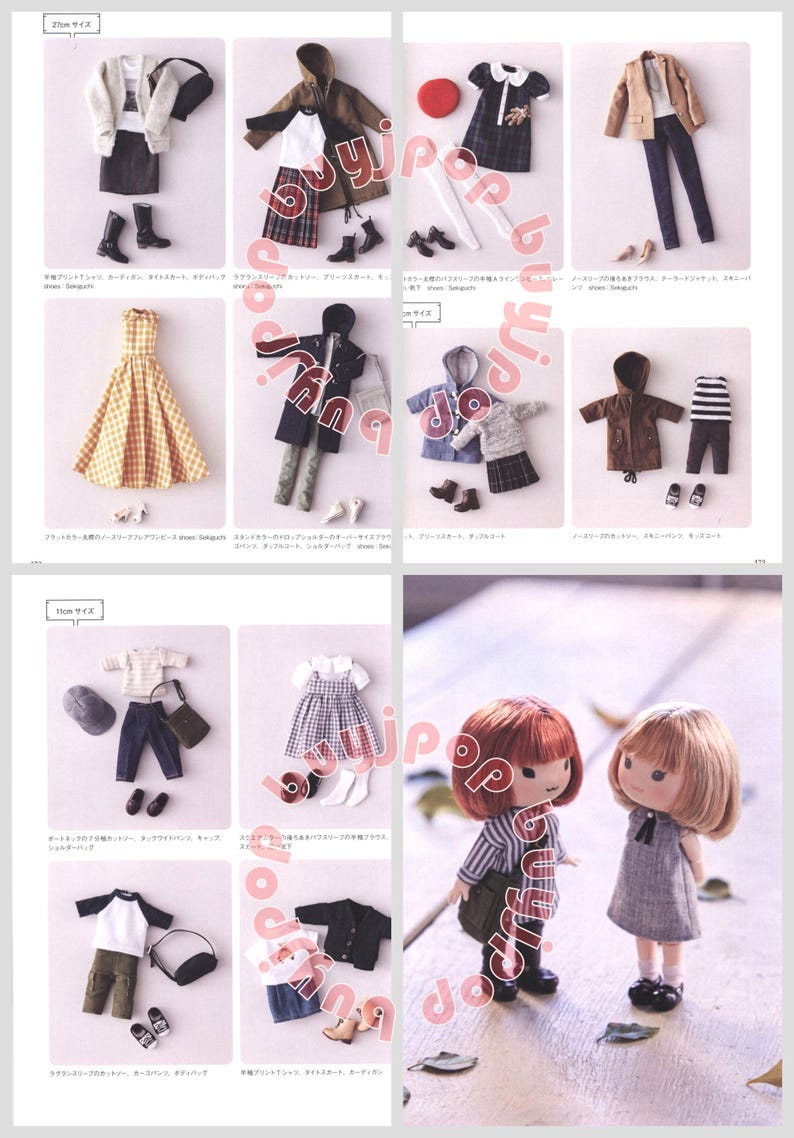 Puede incluir: Una p&aacute;gina de cat&aacute;logo con conjuntos de ropa para mu&ntilde;ecas en miniatura. Los conjuntos incluyen vestidos, chaquetas, faldas y accesorios como zapatos y sombreros. La paleta de colores incluye beige, negro, azul y blanco. Los conjuntos se muestran sobre un fondo blanco.