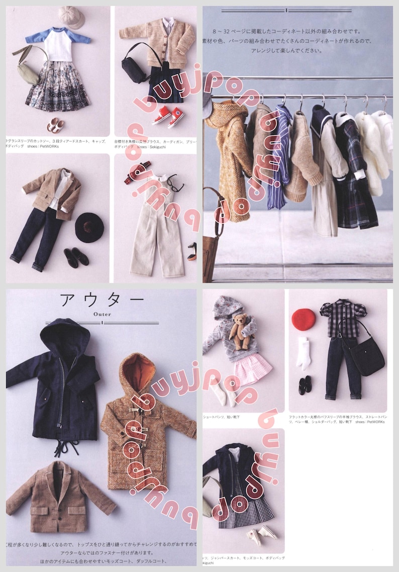 Puede incluir: Colecci&oacute;n de conjuntos de ropa de mu&ntilde;ecas en miniatura, que incluyen una parte superior azul y blanca con una falda estampada, una blazer color beige con pantalones oscuros y una chaqueta con capucha azul marino. Tambi&eacute;n se muestran accesorios como sombreros, bolsos y zapatos.