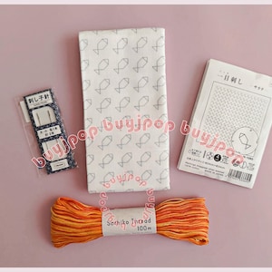 Sashiko Starter Set - Olympus Sashiko Kit Hana Fukin Sampler FISH Pattern White Cloth, 100m Variegated Thread + Needles