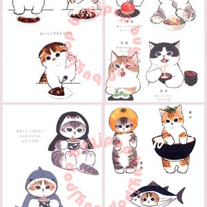 Puede incluir: Una colecci&oacute;n de nueve ilustraciones que presentan adorables gatos vestidos con varios disfraces y disfrutando de diferentes alimentos. Los gatos est&aacute;n representados en un estilo de dibujos animados con ojos grandes y caras expresivas. Las ilustraciones est&aacute;n sobre un fondo blanco e incluyen texto en japon&eacute;s.