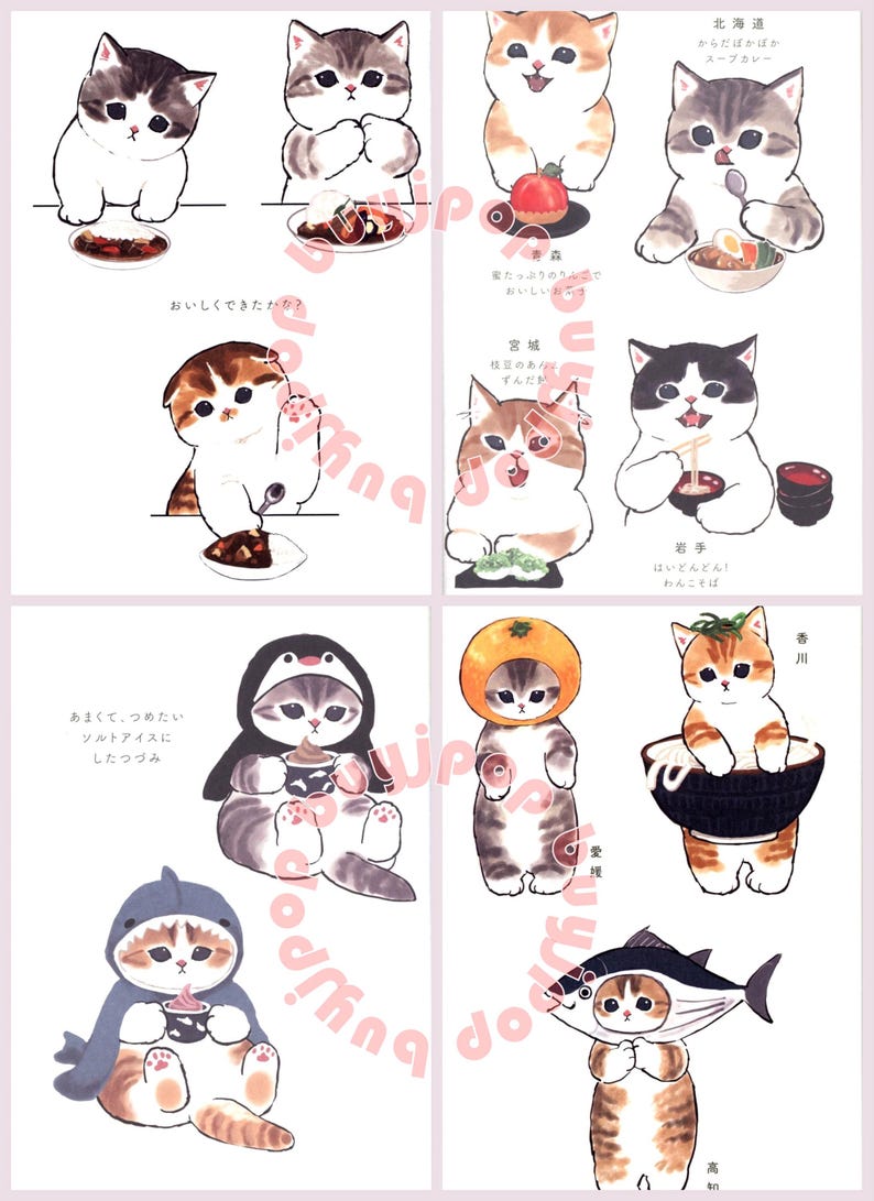 Puede incluir: Una colecci&oacute;n de nueve ilustraciones que presentan adorables gatos vestidos con varios disfraces y disfrutando de diferentes alimentos. Los gatos est&aacute;n representados en un estilo de dibujos animados con ojos grandes y caras expresivas. Las ilustraciones est&aacute;n sobre un fondo blanco e incluyen texto en japon&eacute;s.