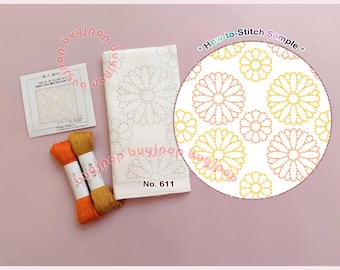 Kiku Blossom - Japan Hobbyra Hobbyre Sashiko Hana Fukin Pattern Sampler White Cloth 611 or Cloth Thread Set,