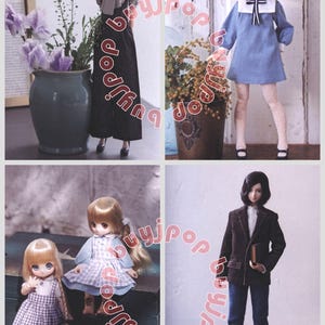 Puede incluir: Un collage de cuatro mu&ntilde;ecas, cada una con diferentes atuendos. Una mu&ntilde;eca lleva un vestido largo negro, otra un vestido azul con cuello blanco, y otras dos llevan vestidos. Las mu&ntilde;ecas tienen varios peinados y accesorios.