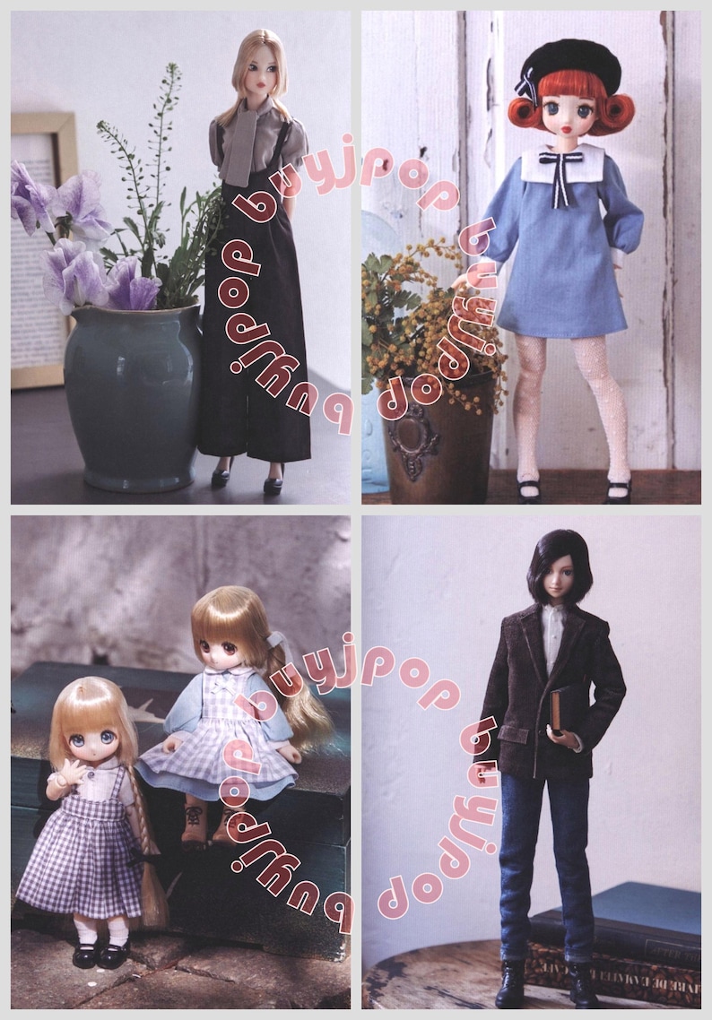 Puede incluir: Un collage de cuatro mu&ntilde;ecas, cada una con diferentes atuendos. Una mu&ntilde;eca lleva un vestido largo negro, otra un vestido azul con cuello blanco, y otras dos llevan vestidos. Las mu&ntilde;ecas tienen varios peinados y accesorios.