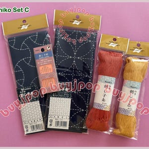 Sashiko Starter Set C and C1 - Japan Naska DIY Sashiko Kit 2 Navy Cloth Pattern 2 Skein x 80m Thread + 6 Needle