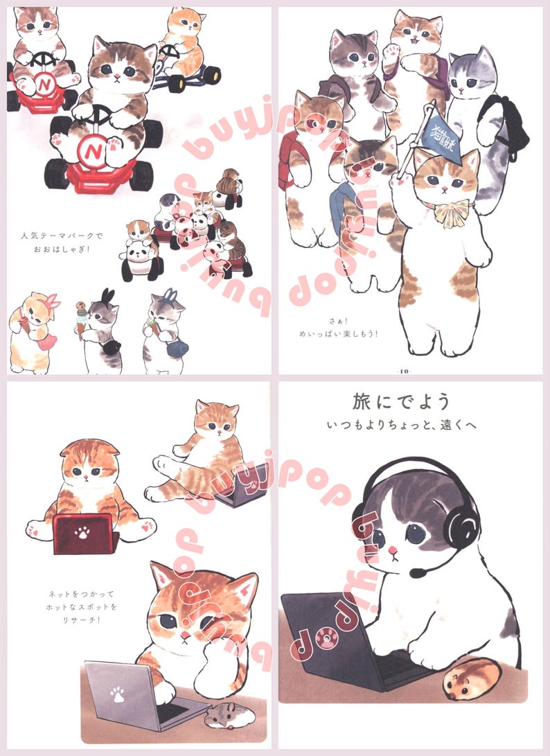 Puede incluir: Una colecci&oacute;n de ilustraciones con adorables gatos de dibujos animados en diversas actividades. Las ilustraciones incluyen gatos conduciendo karts, viajando, trabajando en una computadora port&aacute;til y disfrutando de un helado. Las ilustraciones est&aacute;n en un estilo caprichoso con colores brillantes y detalles juguetones.