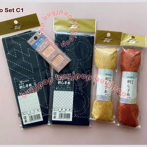 Kit de iniciación Sashiko C1 y C2 - Japón Naska DIY Sashiko Kit 2 Tela azul marino Patrón 2 madejas x 80 m Hilo + 6 agujas