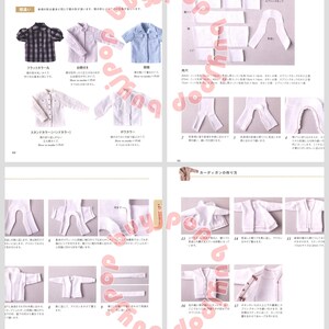 Puede incluir: P&aacute;gina de un libro de patrones de costura con diagramas e instrucciones para hacer una rebeca. Las ilustraciones muestran los pasos de corte de la tela, montaje de piezas y adici&oacute;n de detalles. El texto est&aacute; en japon&eacute;s.