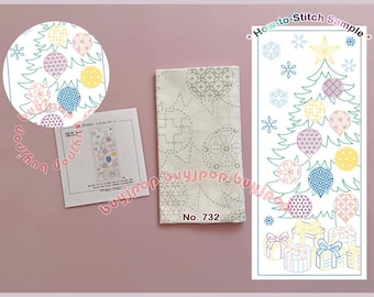 NOEL TREE - Japan Hobbyra Hobbyre Sashiko Hana Fukin Pattern Sampler Extra Long White Cloth 732
