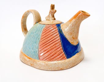 Handmade Patchwork Ceramic Teapot – Bunny Lid, Whimsical Pottery, Easter Décor