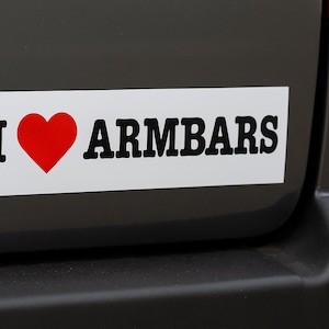 May include: A rectangular white bumper sticker with the phrase "I ❤️ ARMBARS" in black text and a red heart symbol. The sticker is affixed to a dark gray vehicle bumper.