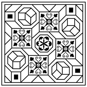 May include: A square black and white graphic pattern featuring a repeating arrangement of geometric cubes, floral motifs within squares, and a central hexagonal flower design. The composition uses bold lines to create a balanced, symmetrical layout.