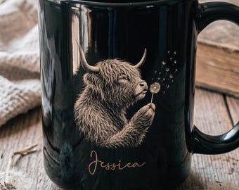 Custom Highland Cow Dandelion Mug, Cow Coffee Mug Gift For Cow Lover, Farmhouse Drinkware, Personalized Cow Lover Tea Cup, Farm Animal Mug