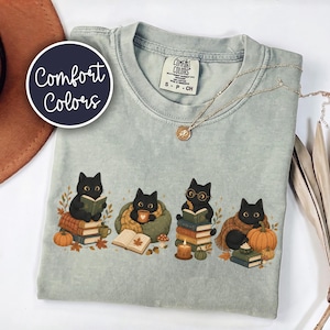 Cozy Fall Bookish Comfort Colors® Shirt For Cat Lovers, Cat Mom Gift, Cozy Reader Gift, Book Lover Cat Tee, Tis The Season Pumpkin Tee Bay