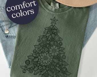 Comfort Colors® Boho Christmas Tree Shirt, Linocut Style Holiday Tee, Cottagecore Christmas T-Shirt, Vintage Xmas Top For Women