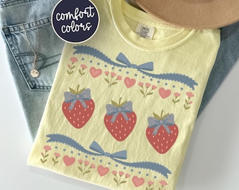 Vintage 80's Strawberries Comfort Colors® Shirt, Cottagecore Summer Spring Tee, Strawberry Bow Girly Shirt, Botanical Berries Fruit Tee