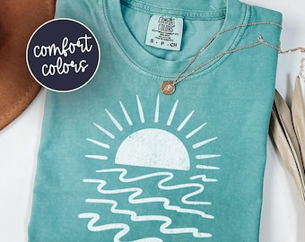 Ocean Sunset Comfort Colors® Shirt, Trendy Boho Summer Tee, Summer Vacation Aesthetic Beach Top, Coastal Sea Lover Oversized T-Shirt
