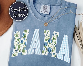 Blue Hydrangea Comfort Colors® Mama Shirt, Cottagecore Floral Mom Tee, Mother's Day Gift For Flower Lover, Cute Preppy Gingham Mom T-Shirt