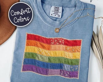 Faux Patchwork Pride Flag Comfort Colors® Shirt, LGBTQ Month Gift For Gay Friend, Pride Parade T-Shirt, LGBT Rainbow Tee, Love Is Love Gift